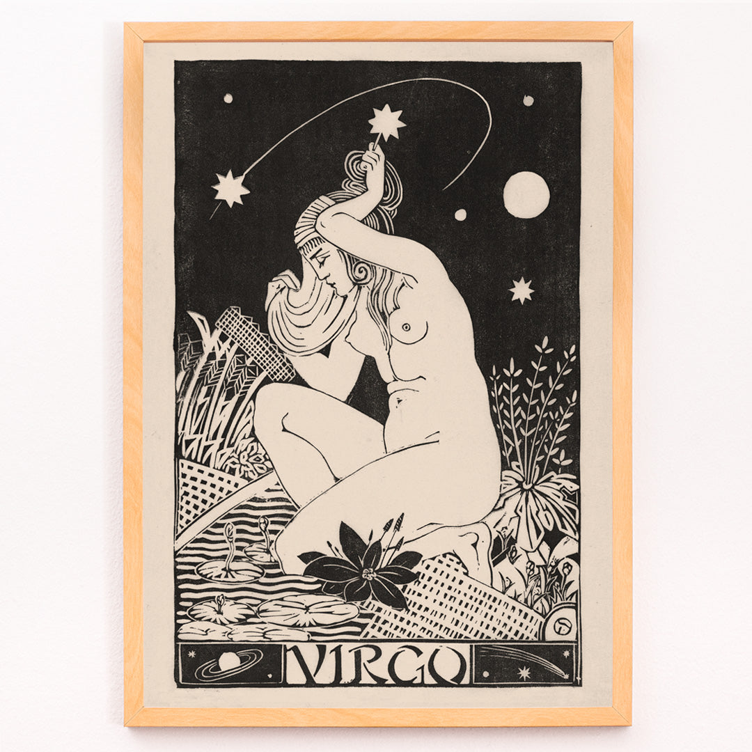 Closeup detail of Art Nouveau poster of a nude Virgo woman with stars lilies and plants from Zodiac signs by Henri van der Stok