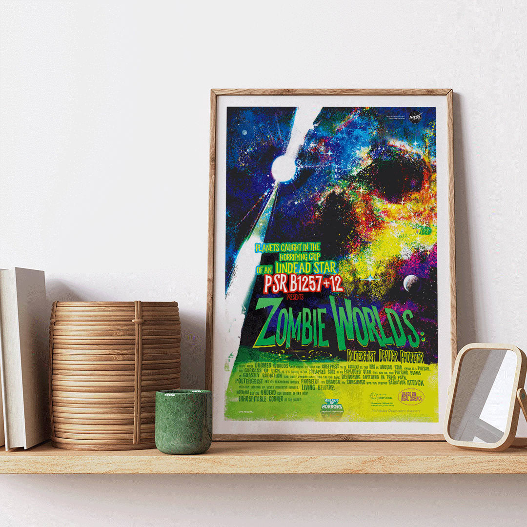 Colorful cosmic-themed NASA artwork titled Zombie Worlds showing planets around an undead star with poster text in a vibrant space scene, framed and displayed in home decor